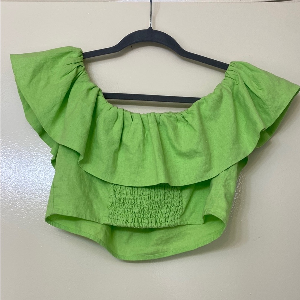 Lime Green Off the Shoulder Ruffle Linen Crop Top - Picture 4 of 6